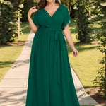 večerní šaty LEORA | V - krk s volánkovými rukávy, dlouhé až na zem, A - line, šifon | Evening Dresses | Elora Praha