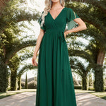 večerní šaty LEORA | V - krk s volánkovými rukávy, dlouhé až na zem, A - line, šifon | Evening Dresses | Elora Praha