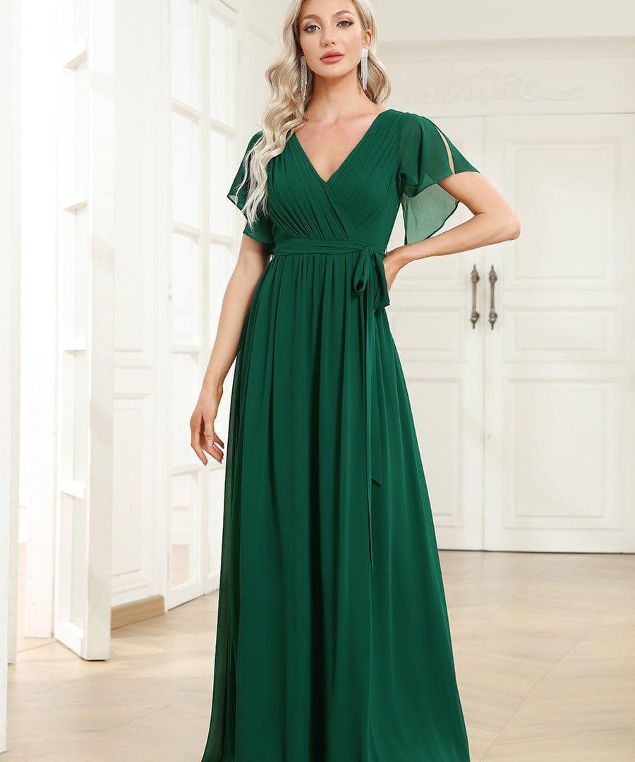 večerní šaty LEORA | V - krk s volánkovými rukávy, dlouhé až na zem, A - line, šifon | Evening Dresses | Elora Praha