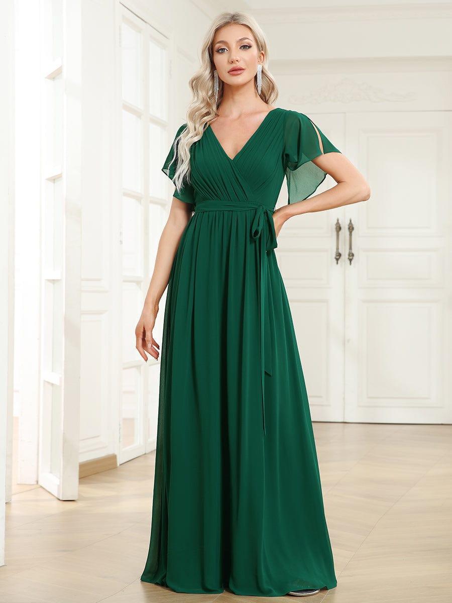 večerní šaty LEORA | V - krk s volánkovými rukávy, dlouhé až na zem, A - line, šifon | Evening Dresses | Elora Praha