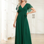 večerní šaty LEORA | V - krk s volánkovými rukávy, dlouhé až na zem, A - line, šifon | Evening Dresses | Elora Praha