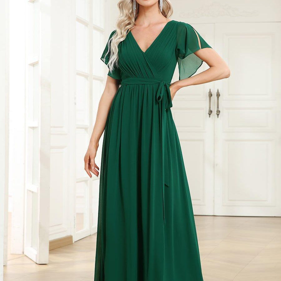 večerní šaty LEORA | V - krk s volánkovými rukávy, dlouhé až na zem, A - line, šifon | Evening Dresses | Elora Praha