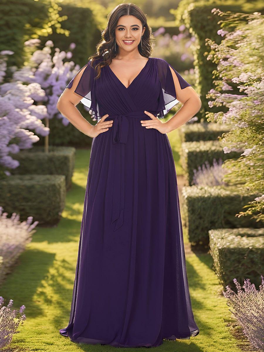 večerní šaty LEORA | V - krk s volánkovými rukávy, dlouhé až na zem, A - line, šifon | Evening Dresses | Elora Praha