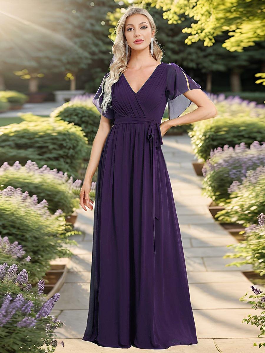 večerní šaty LEORA | V - krk s volánkovými rukávy, dlouhé až na zem, A - line, šifon | Evening Dresses | Elora Praha