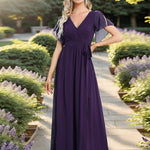večerní šaty LEORA | V - krk s volánkovými rukávy, dlouhé až na zem, A - line, šifon | Evening Dresses | Elora Praha