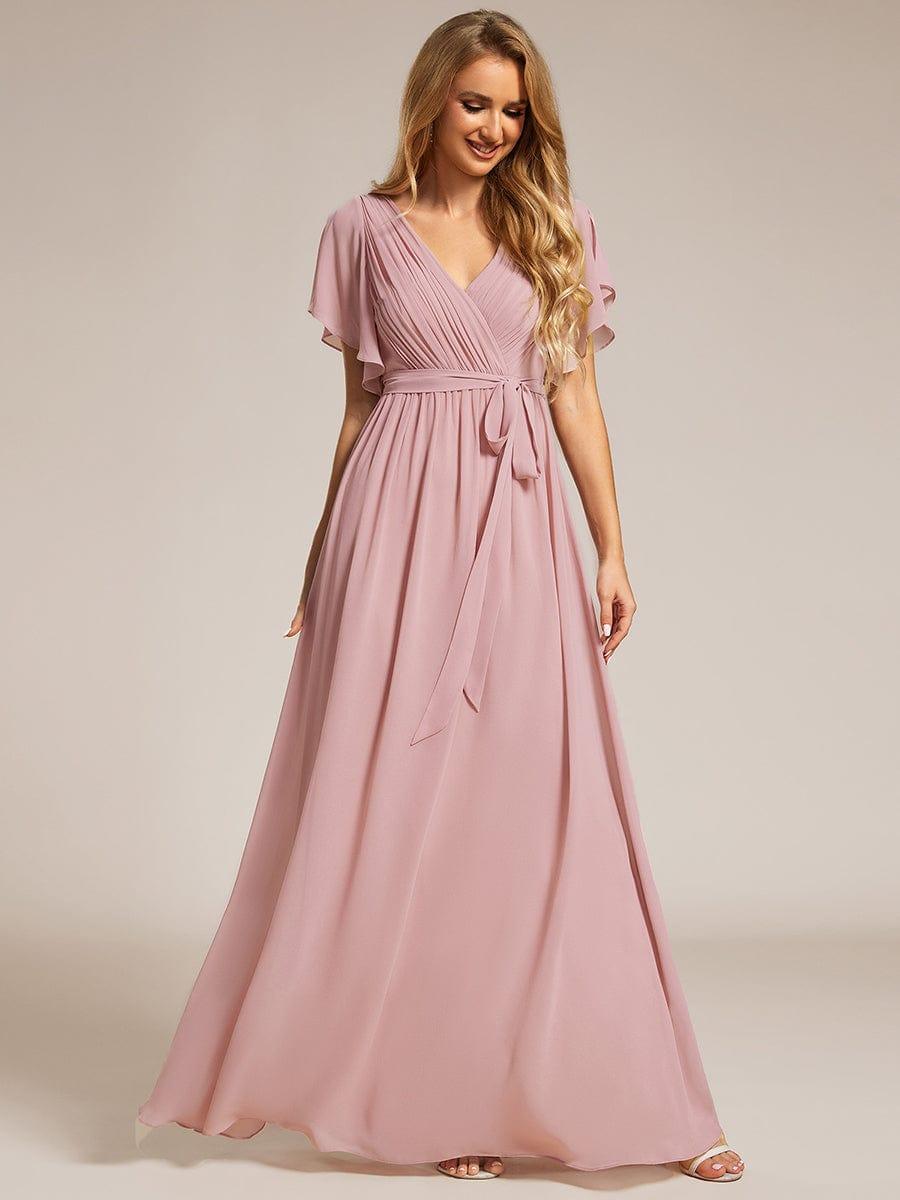 večerní šaty LEORA | V - krk s volánkovými rukávy, dlouhé až na zem, A - line, šifon | Evening Dresses | Elora Praha
