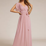 večerní šaty LEORA | V - krk s volánkovými rukávy, dlouhé až na zem, A - line, šifon | Evening Dresses | Elora Praha