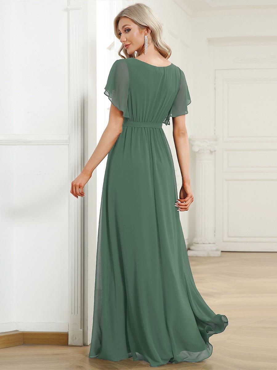 večerní šaty LEORA | V - krk s volánkovými rukávy, dlouhé až na zem, A - line, šifon | Evening Dresses | Elora Praha
