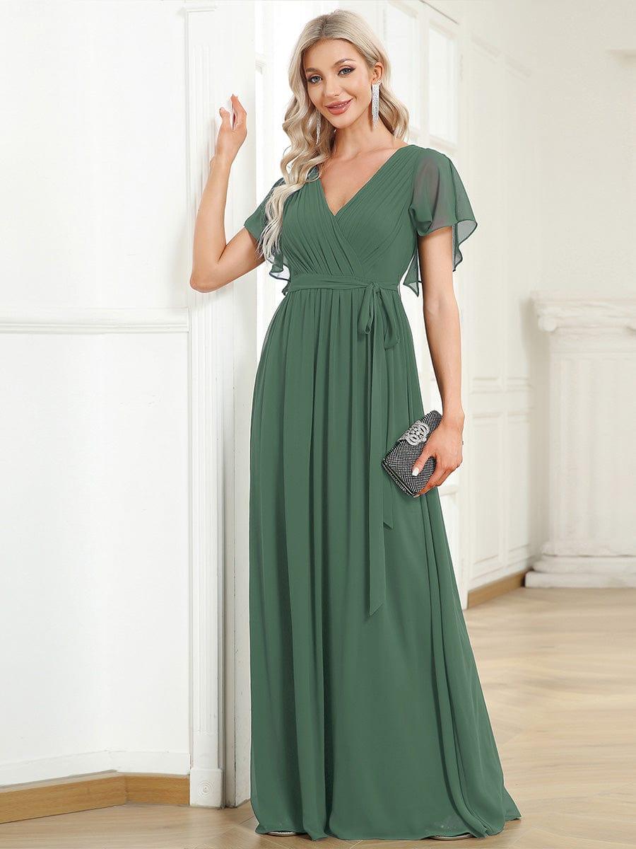 večerní šaty LEORA | V - krk s volánkovými rukávy, dlouhé až na zem, A - line, šifon | Evening Dresses | Elora Praha