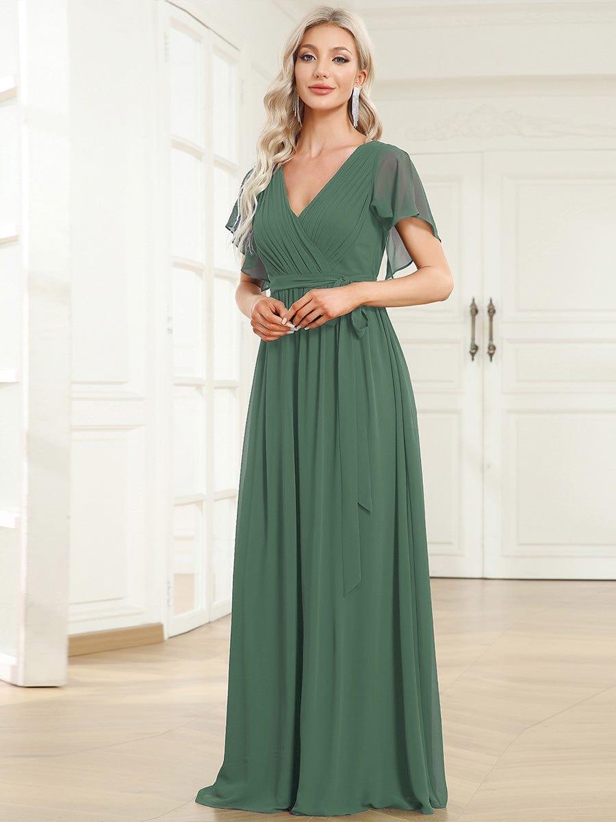 večerní šaty LEORA | V - krk s volánkovými rukávy, dlouhé až na zem, A - line, šifon | Evening Dresses | Elora Praha