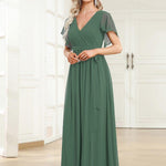 večerní šaty LEORA | V - krk s volánkovými rukávy, dlouhé až na zem, A - line, šifon | Evening Dresses | Elora Praha