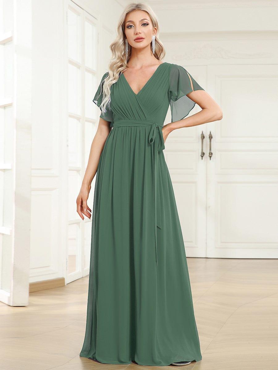 večerní šaty LEORA | V - krk s volánkovými rukávy, dlouhé až na zem, A - line, šifon | Evening Dresses | Elora Praha
