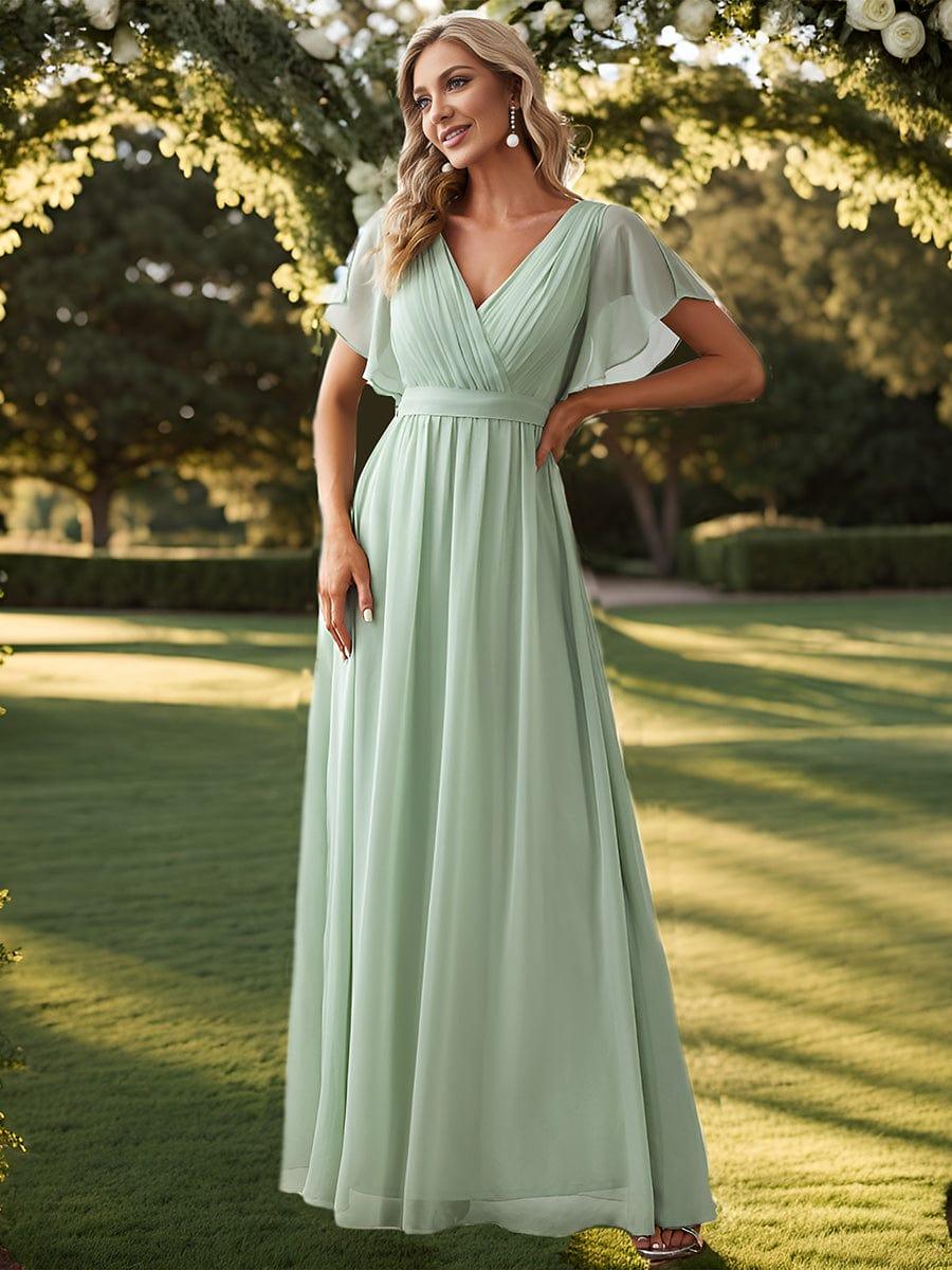 večerní šaty LEORA | V - krk s volánkovými rukávy, dlouhé až na zem, A - line, šifon | Evening Dresses | Elora Praha