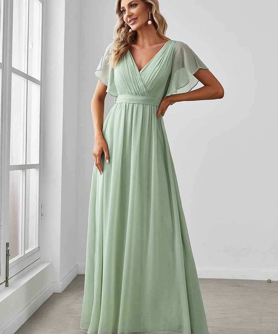 večerní šaty LEORA | V - krk s volánkovými rukávy, dlouhé až na zem, A - line, šifon | Evening Dresses | Elora Praha