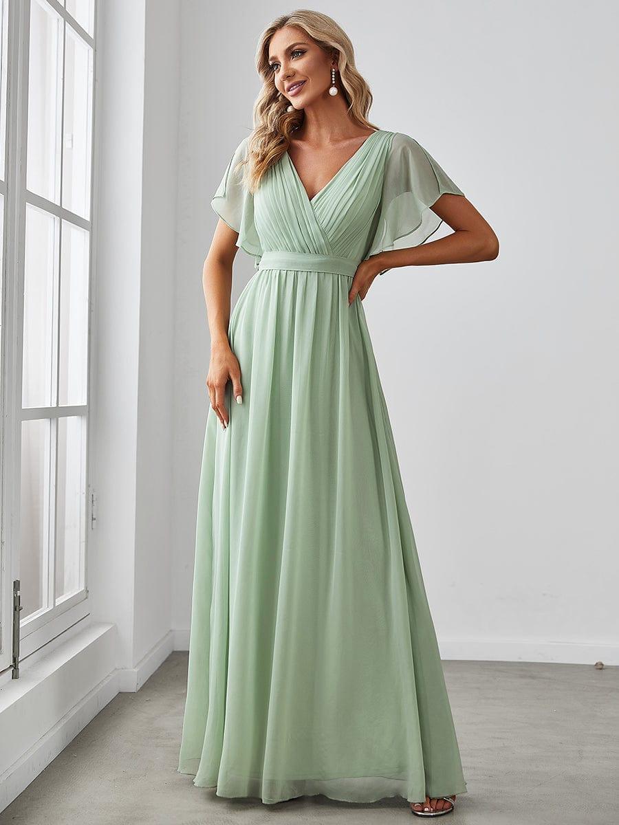 večerní šaty LEORA | V - krk s volánkovými rukávy, dlouhé až na zem, A - line, šifon | Evening Dresses | Elora Praha