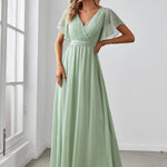 večerní šaty LEORA | V - krk s volánkovými rukávy, dlouhé až na zem, A - line, šifon | Evening Dresses | Elora Praha