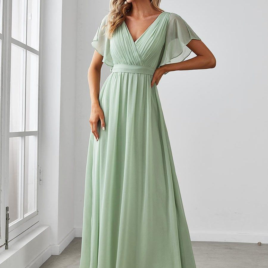večerní šaty LEORA | V - krk s volánkovými rukávy, dlouhé až na zem, A - line, šifon | Evening Dresses | Elora Praha