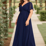 večerní šaty LEORA | V - krk s volánkovými rukávy, dlouhé až na zem, A - line, šifon | Evening Dresses | Elora Praha