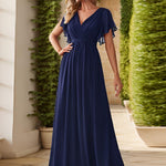 večerní šaty LEORA | V - krk s volánkovými rukávy, dlouhé až na zem, A - line, šifon | Evening Dresses | Elora Praha