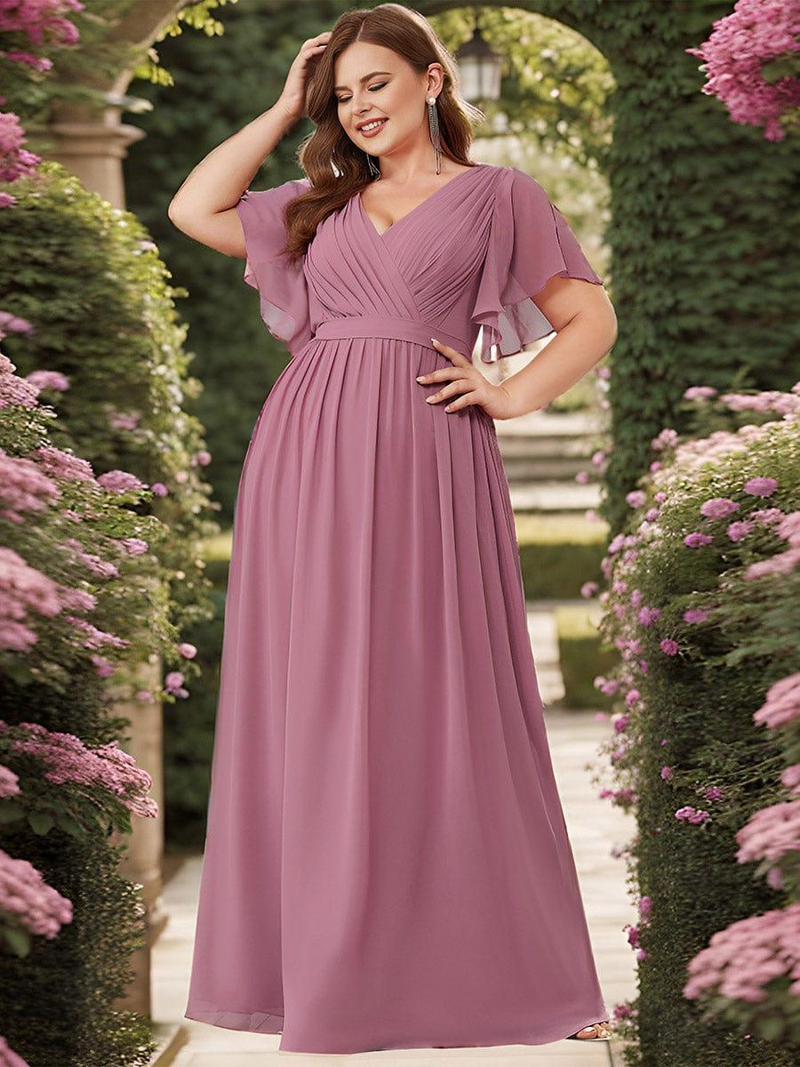 večerní šaty LEORA | V - krk s volánkovými rukávy, dlouhé až na zem, A - line, šifon | Evening Dresses | Elora Praha