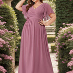 večerní šaty LEORA | V - krk s volánkovými rukávy, dlouhé až na zem, A - line, šifon | Evening Dresses | Elora Praha