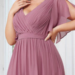 večerní šaty LEORA | V - krk s volánkovými rukávy, dlouhé až na zem, A - line, šifon | Evening Dresses | Elora Praha