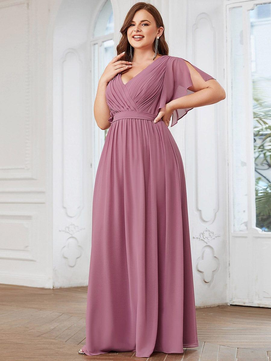 večerní šaty LEORA | V - krk s volánkovými rukávy, dlouhé až na zem, A - line, šifon | Evening Dresses | Elora Praha