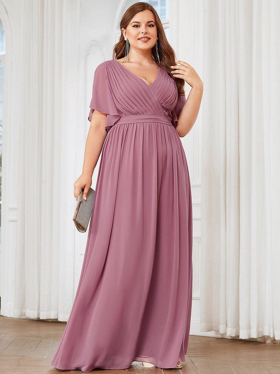 večerní šaty LEORA | V - krk s volánkovými rukávy, dlouhé až na zem, A - line, šifon | Evening Dresses | Elora Praha