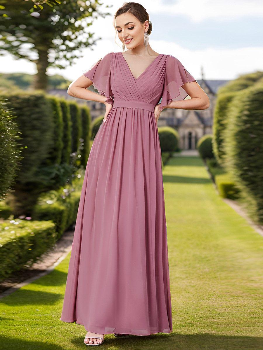 večerní šaty LEORA | V - krk s volánkovými rukávy, dlouhé až na zem, A - line, šifon | Evening Dresses | Elora Praha