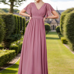 večerní šaty LEORA | V - krk s volánkovými rukávy, dlouhé až na zem, A - line, šifon | Evening Dresses | Elora Praha