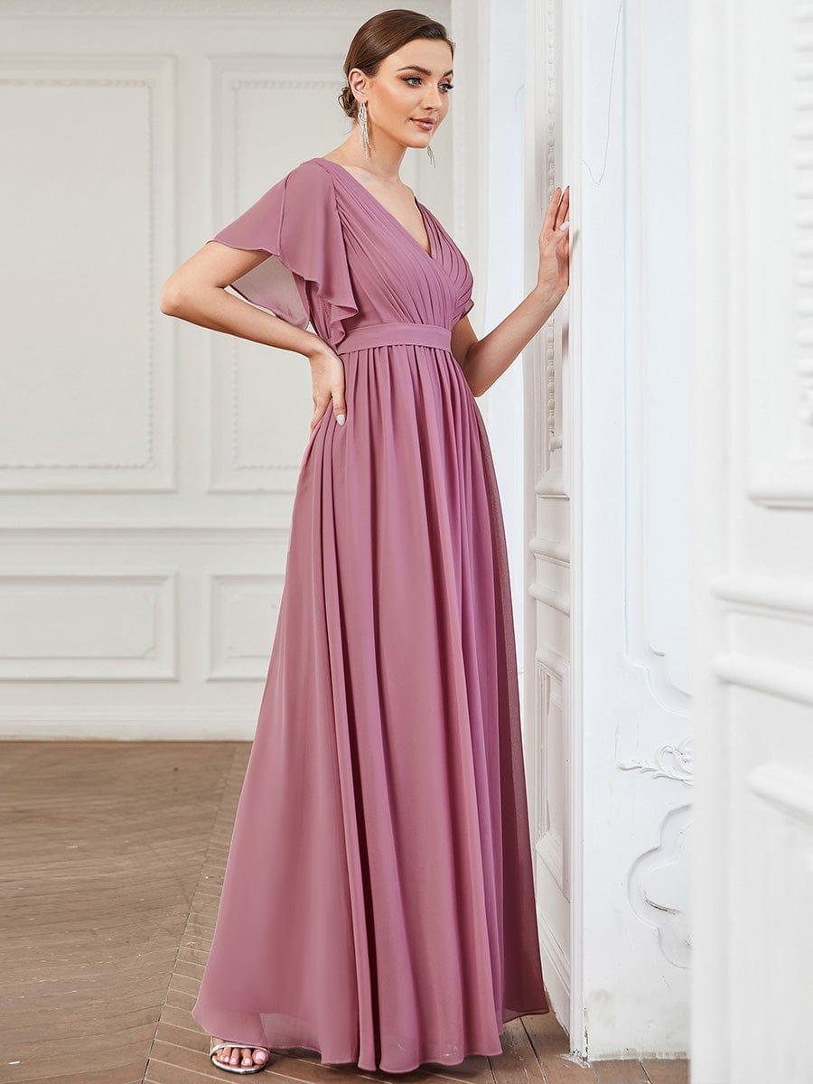 večerní šaty LEORA | V - krk s volánkovými rukávy, dlouhé až na zem, A - line, šifon | Evening Dresses | Elora Praha