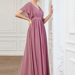 večerní šaty LEORA | V - krk s volánkovými rukávy, dlouhé až na zem, A - line, šifon | Evening Dresses | Elora Praha
