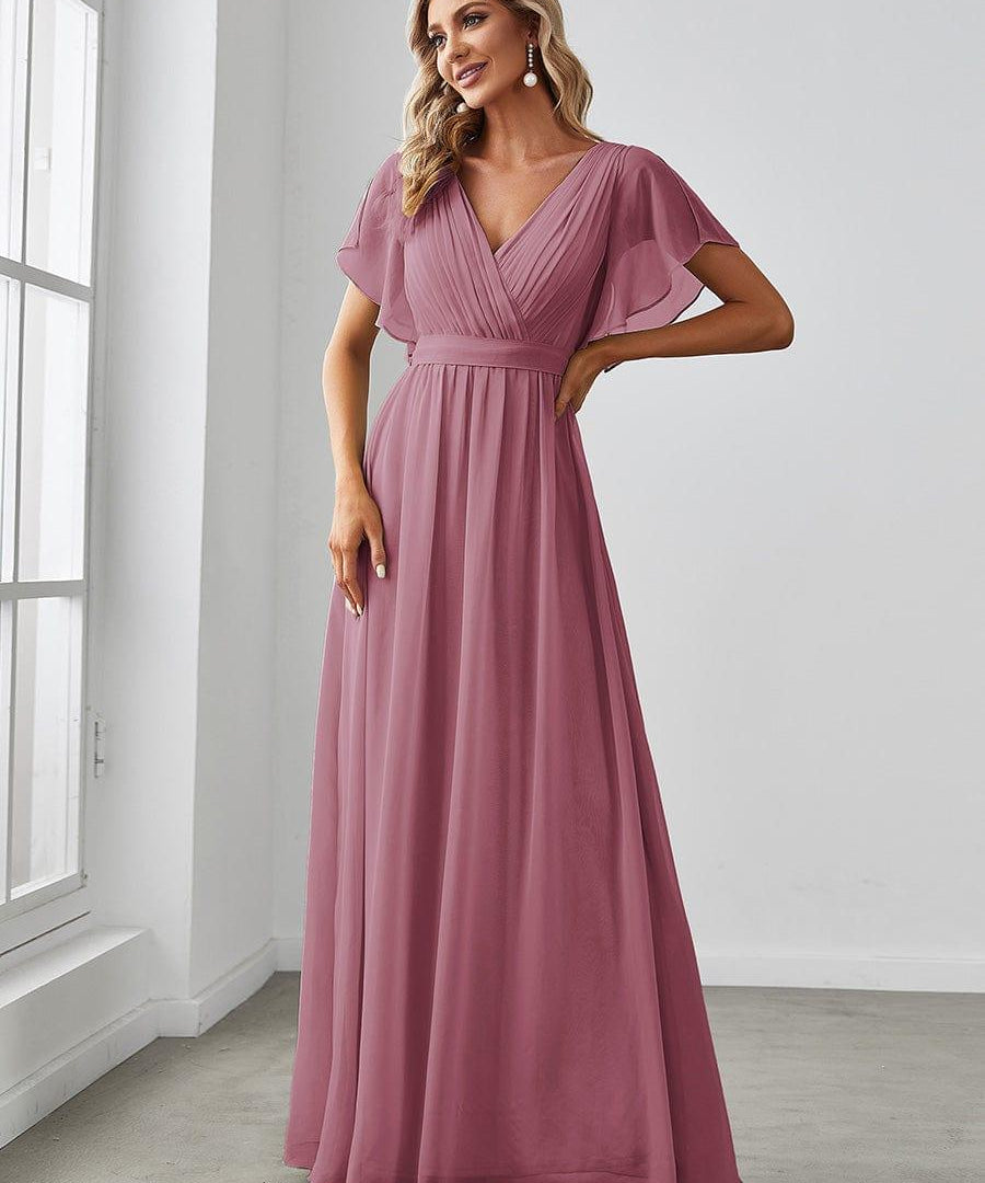 večerní šaty LEORA | V - krk s volánkovými rukávy, dlouhé až na zem, A - line, šifon | Evening Dresses | Elora Praha