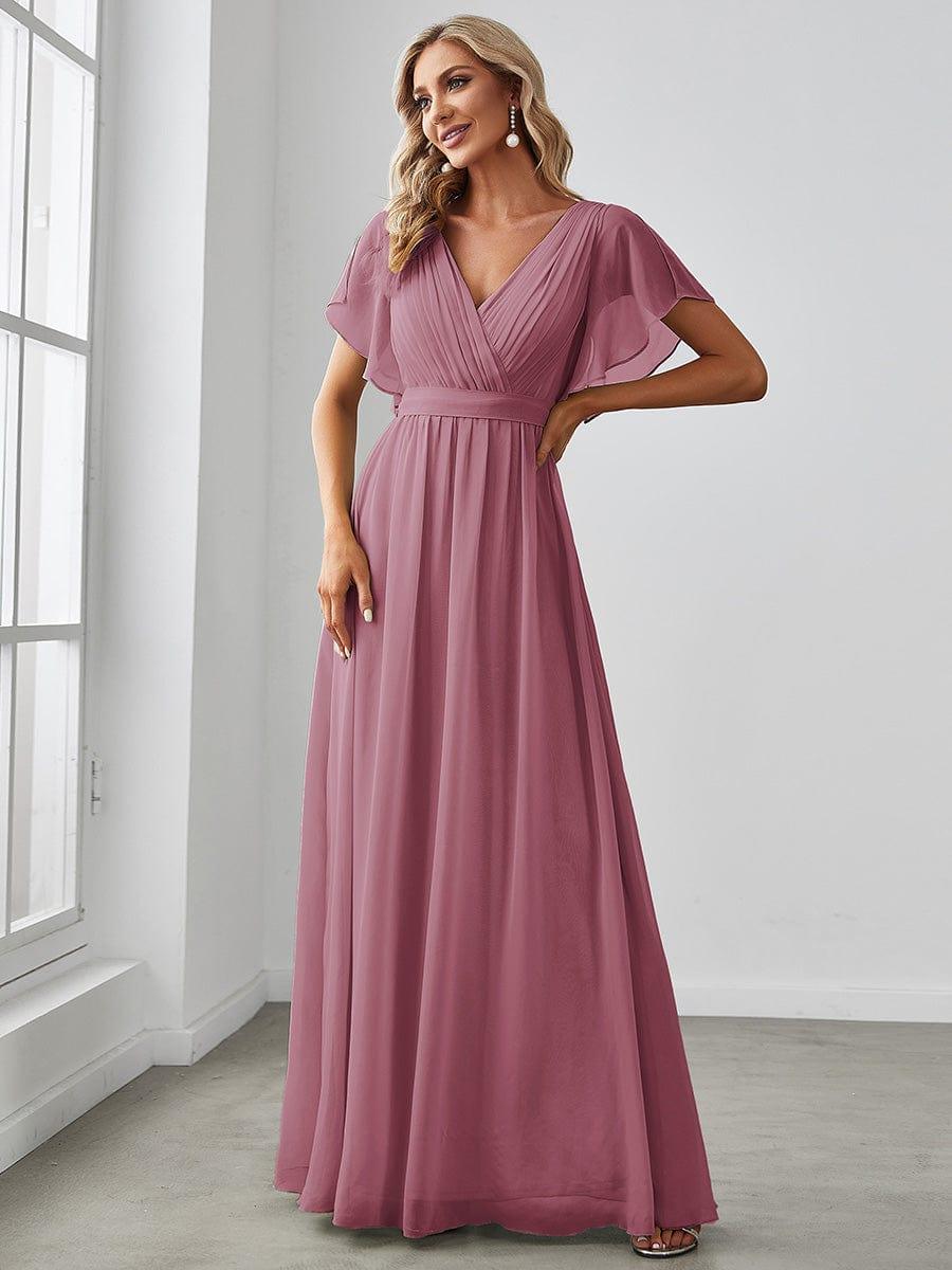 večerní šaty LEORA | V - krk s volánkovými rukávy, dlouhé až na zem, A - line, šifon | Evening Dresses | Elora Praha