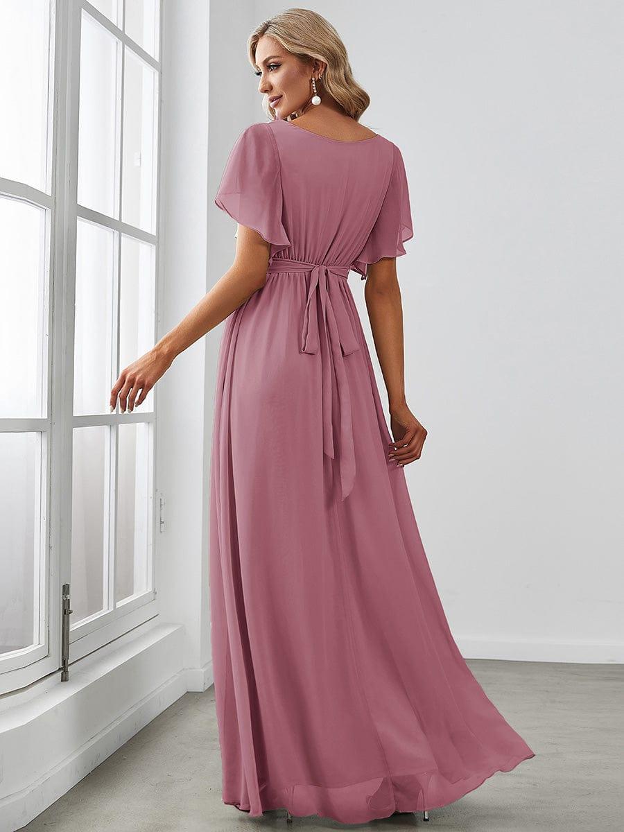 večerní šaty LEORA | V - krk s volánkovými rukávy, dlouhé až na zem, A - line, šifon | Evening Dresses | Elora Praha