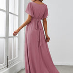 večerní šaty LEORA | V - krk s volánkovými rukávy, dlouhé až na zem, A - line, šifon | Evening Dresses | Elora Praha