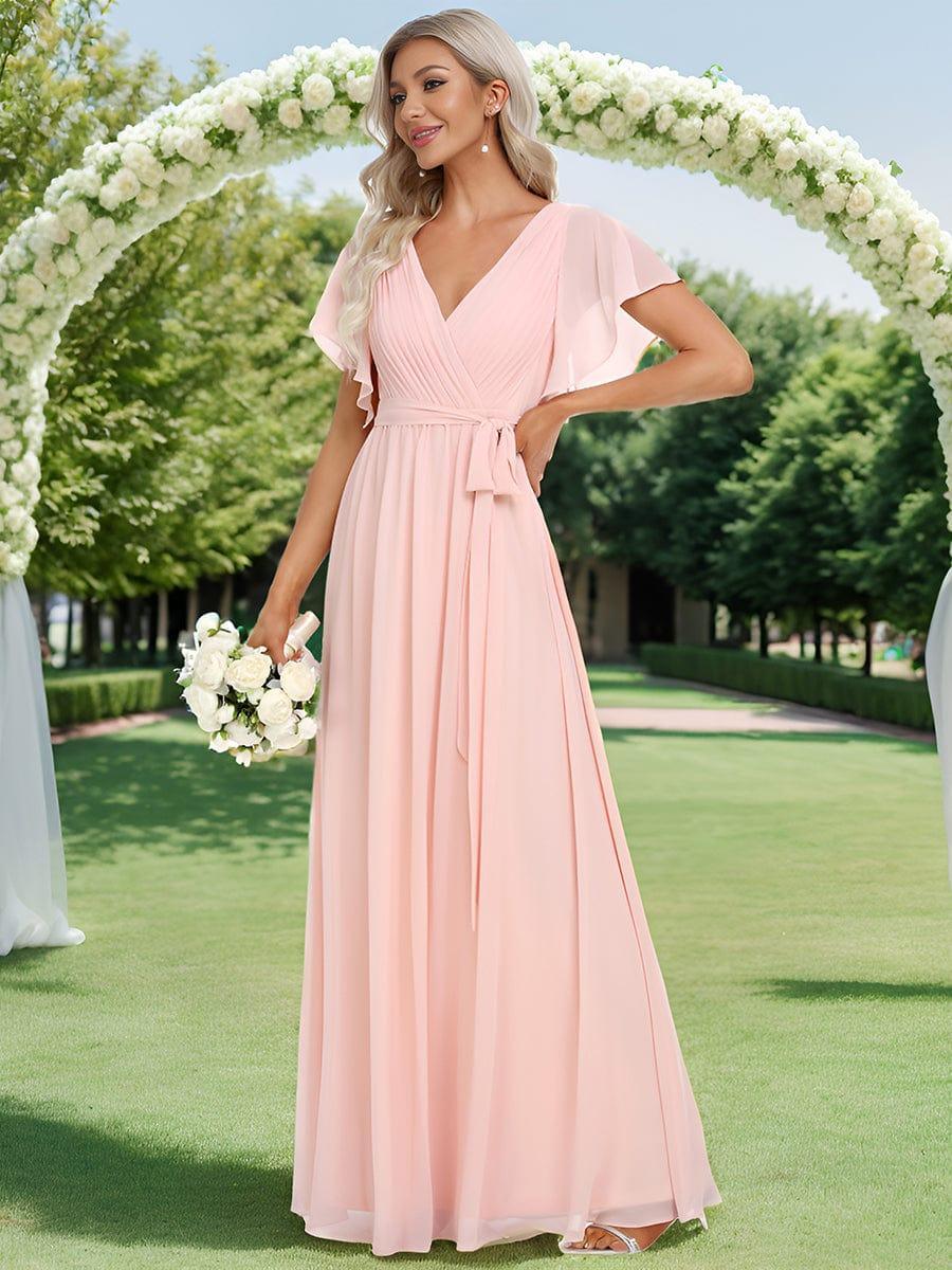 večerní šaty LEORA | V - krk s volánkovými rukávy, dlouhé až na zem, A - line, šifon | Evening Dresses | Elora Praha
