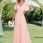 večerní šaty LEORA | V - krk s volánkovými rukávy, dlouhé až na zem, A - line, šifon | Evening Dresses | Elora Praha