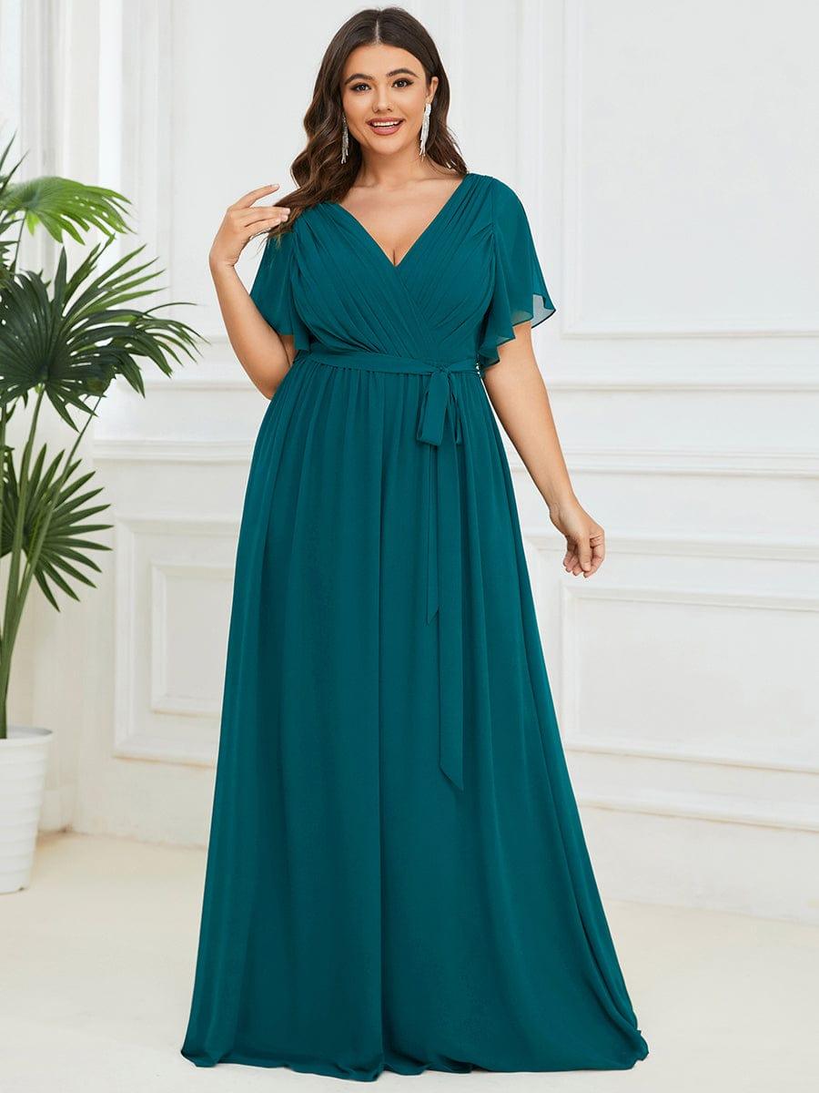 večerní šaty LEORA | V - krk s volánkovými rukávy, dlouhé až na zem, A - line, šifon | Evening Dresses | Elora Praha