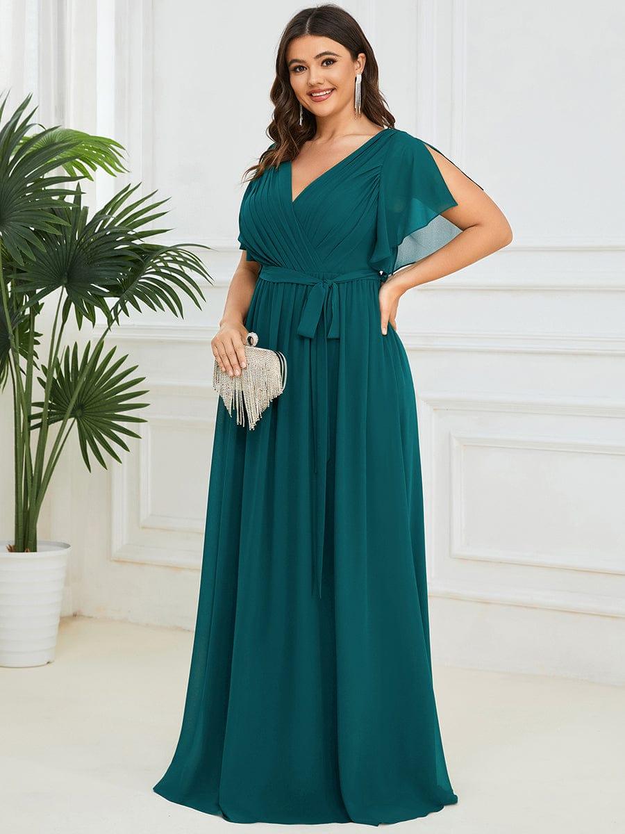 večerní šaty LEORA | V - krk s volánkovými rukávy, dlouhé až na zem, A - line, šifon | Evening Dresses | Elora Praha