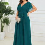 večerní šaty LEORA | V - krk s volánkovými rukávy, dlouhé až na zem, A - line, šifon | Evening Dresses | Elora Praha