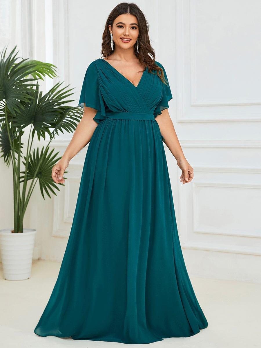 večerní šaty LEORA | V - krk s volánkovými rukávy, dlouhé až na zem, A - line, šifon | Evening Dresses | Elora Praha