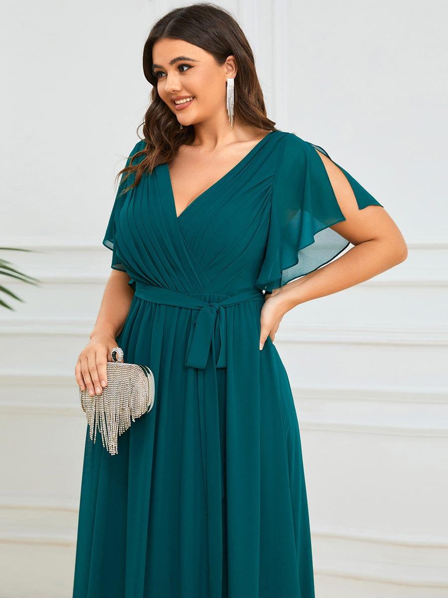 večerní šaty LEORA | V - krk s volánkovými rukávy, dlouhé až na zem, A - line, šifon | Evening Dresses | Elora Praha