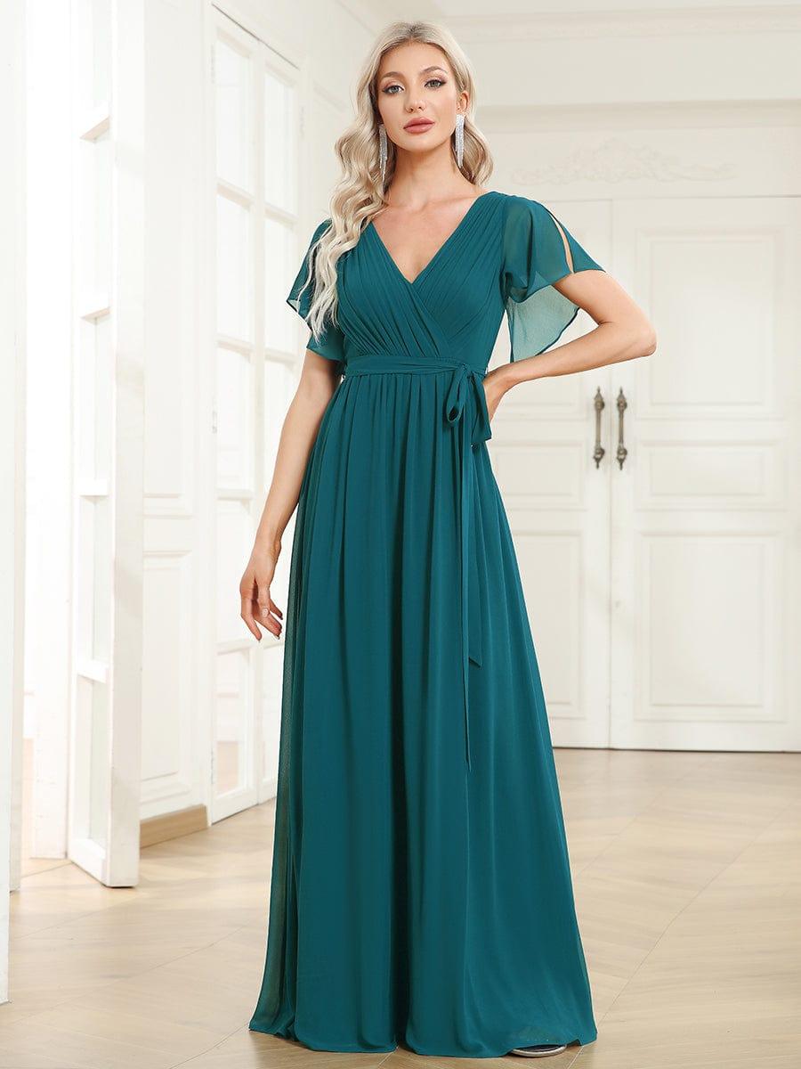večerní šaty LEORA | V - krk s volánkovými rukávy, dlouhé až na zem, A - line, šifon | Evening Dresses | Elora Praha