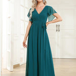 večerní šaty LEORA | V - krk s volánkovými rukávy, dlouhé až na zem, A - line, šifon | Evening Dresses | Elora Praha