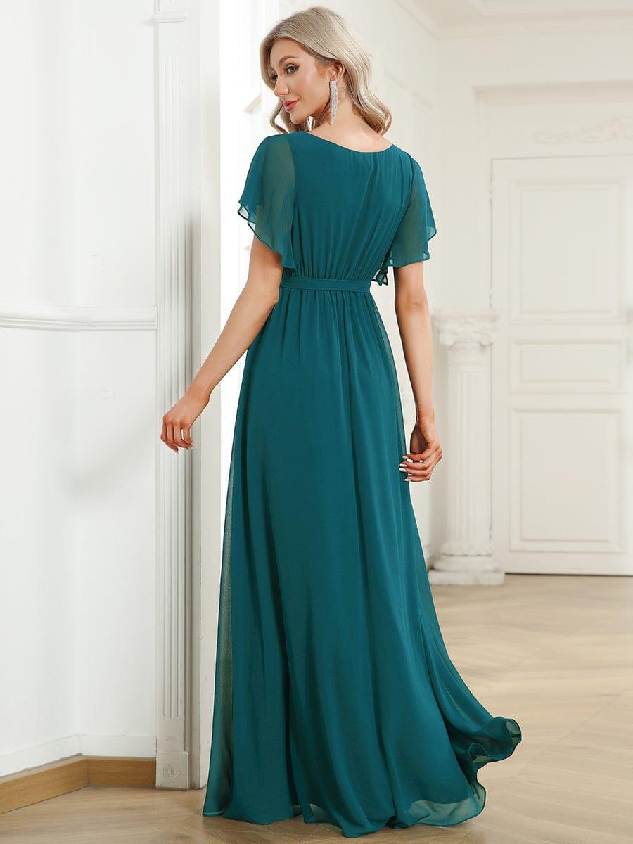 večerní šaty LEORA | V - krk s volánkovými rukávy, dlouhé až na zem, A - line, šifon | Evening Dresses | Elora Praha