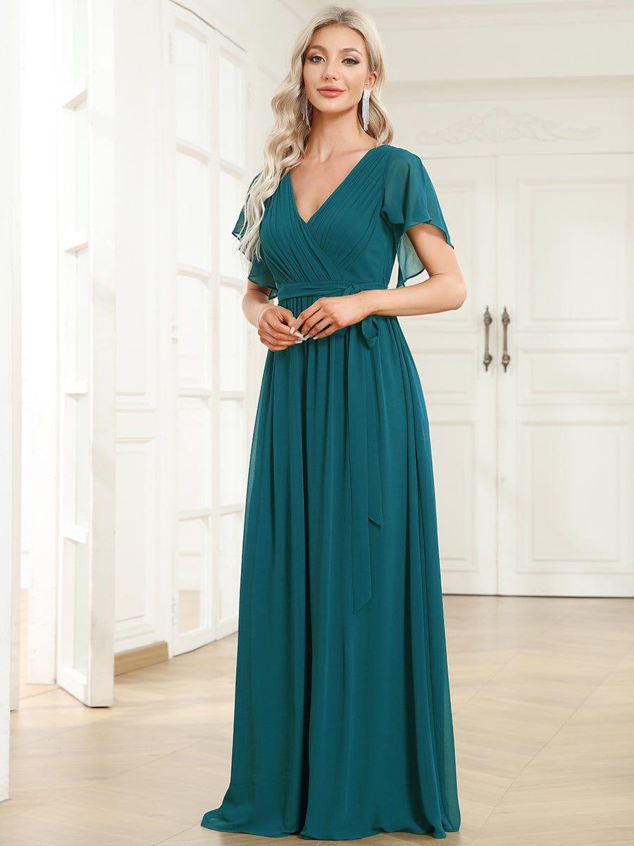 večerní šaty LEORA | V - krk s volánkovými rukávy, dlouhé až na zem, A - line, šifon | Evening Dresses | Elora Praha