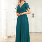 večerní šaty LEORA | V - krk s volánkovými rukávy, dlouhé až na zem, A - line, šifon | Evening Dresses | Elora Praha