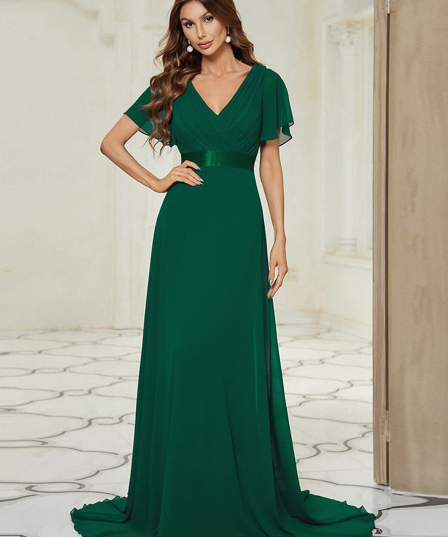 MONICA | Dlouhé šaty pro družičky s empírovým pasem a krátkými volánkovými rukávy | Bridesmaid Dresses | Elora Praha