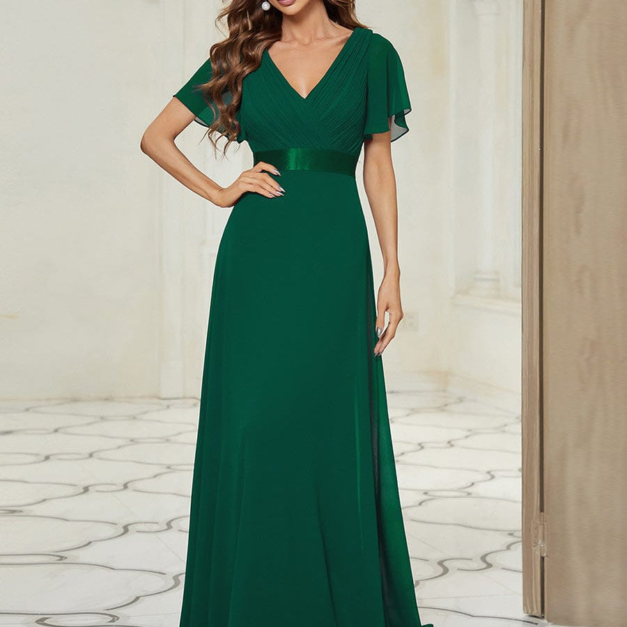 MONICA | Dlouhé šaty pro družičky s empírovým pasem a krátkými volánkovými rukávy | Bridesmaid Dresses | Elora Praha